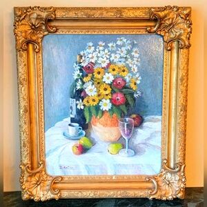 D. ANTON ORIGINAL STILL LIFE OIL PAINTING DAISIES FRUIT SIGNED 26x23 GOLD FRAME